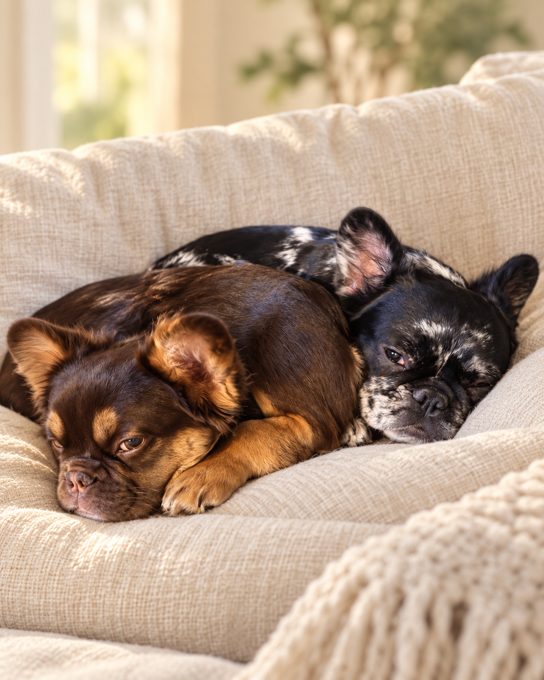 Our chocolate-and-tan and black-and-silver French bulldogs snuggling together on a cozy white couch